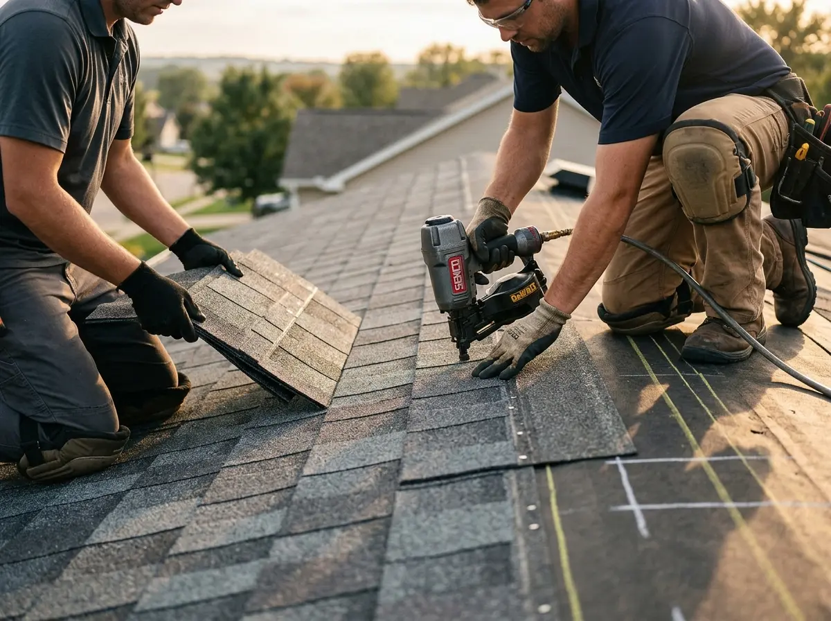 Professional roofer working on a residential roof in Gloucester